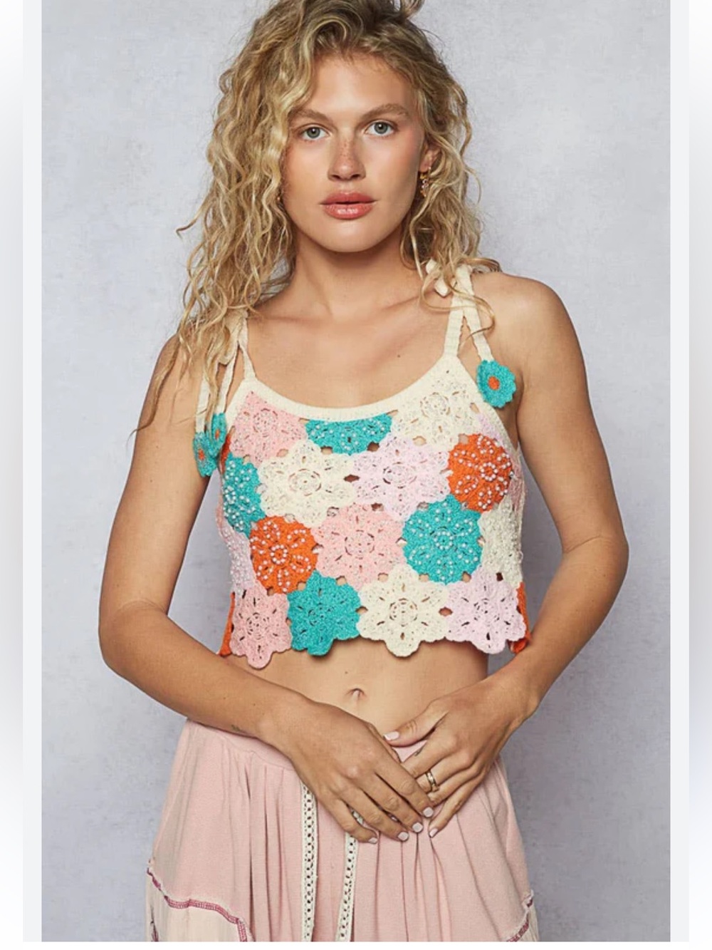 New: POL Boho Crochet Floral Crop Tank Top